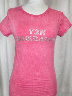 NWT Zara Y2K GENERATION Pink Acid Wash Rhinestone Graphic Tee Shirt Small